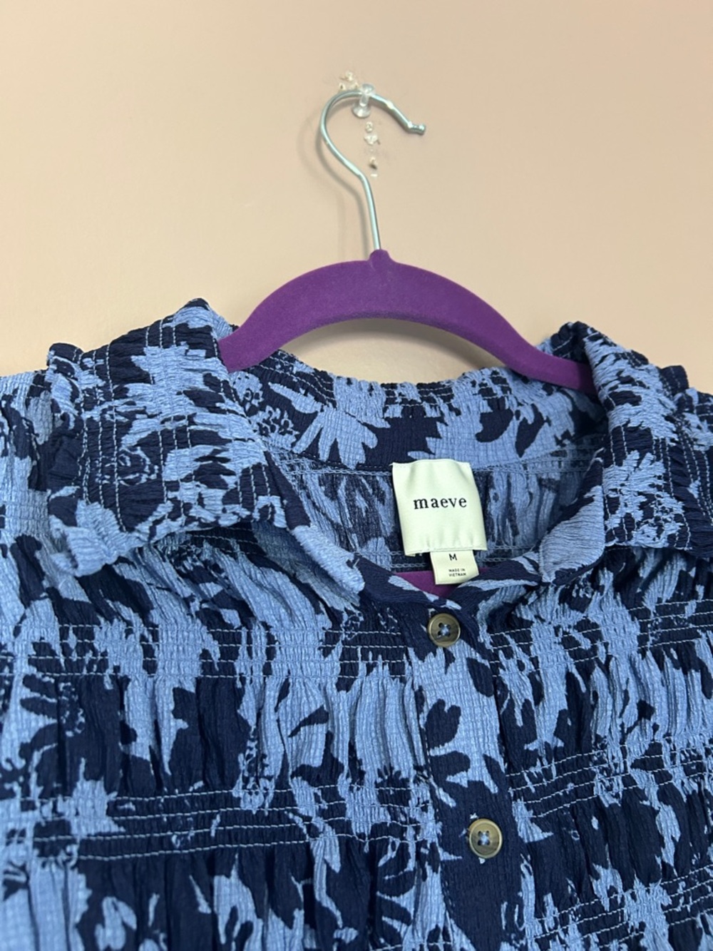 Anthropologie Maeve Smocked Ruffle Button-Front Top Blue Abstract Print  Size M - Picture 10 of 14